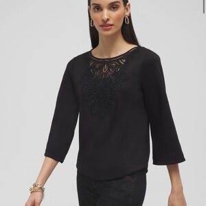 NWT CHICOS Lace Inset Knit Top‎ SZ Small in Black